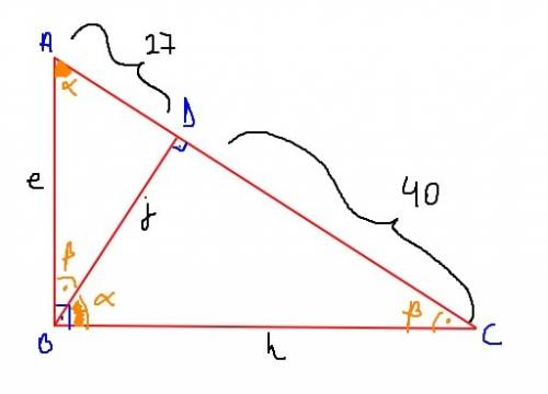 Given:  ac is the hypotenuse and bd is the altitude of △abc. ad=27, cd=40, ab=e, bd=j, and bc=h  fin