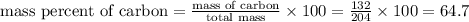 \text{mass percent of carbon}=\frac{\text{mass of carbon}}{\text{total mass}}\times 100 =\frac{132}{204}\times 100 =64.7