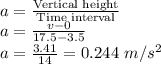 a=\frac{\textrm{Vertical height}}{\textrm{Time interval}}\\a=\frac{v-0}{17.5-3.5}\\a=\frac{3.41}{14}=0.244\ m/s^2