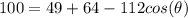 100=49+64-112cos(\theta)