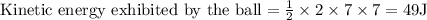 \text {Kinetic energy exhibited by the ball}=\frac{1}{2} \times 2 \times 7 \times 7=49 \mathrm{J}