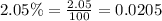 2.05\%=\frac{2.05}{100}=0.0205