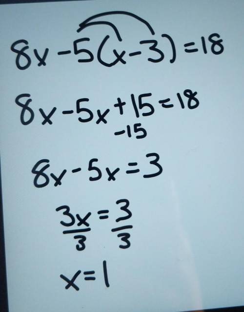 What is the solution to this equation 8x-5(x-3)=18