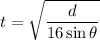 t=\sqrt{\dfrac{d}{16\sin\theta}}