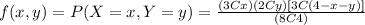 f(x,y)=P(X=x,Y=y)=\frac{(3Cx)(2Cy)[3C(4-x-y)]}{(8C4)}
