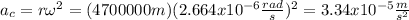 a_c =r \omega^2 =(4700000m)(2.664x10^{-6}\frac{rad}{s})^2=3.34x10^{-5}\frac{m}{s^2}