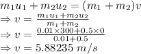m_1u_1 + m_2u_2 =(m_1 + m_2)v\\\Rightarrow v=\frac{m_1u_1 + m_2u_2}{m_1 + m_2}\\\Rightarrow v=\frac{0.01\times 300 + 0.5\times 0}{0.01 + 0.5}\\\Rightarrow v=5.88235\ m/s