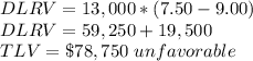 DLRV = 13,000*(7.50 - 9.00)\\DLRV = 59,250 + 19,500\\TLV = \$ 78,750 \ unfavorable