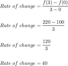 Rate\ of\ change=\dfrac{f(3)-f(0)}{3-0}\\\\\\Rate\ of\ change=\dfrac{220-100}{3}\\\\\\Rate\ of\ change=\dfrac{120}{3}\\\\\\Rate\ of\ change=40