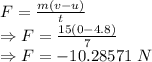 F=\frac{m(v-u)}{t}\\\Rightarrow F=\frac{15(0-4.8)}{7}\\\Rightarrow F=-10.28571\ N