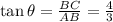 \tan \theta = \frac{BC}{AB} = \frac{4}{3}