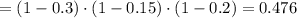 =(1-0.3)\cdot (1-0.15)\cdot (1-0.2)=0.476