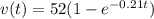 v(t)=52(1-e^{-0.21t})