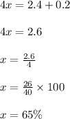 4x=2.4+0.2\\\\4x=2.6\\\\x=\frac{2.6}{4}\\\\x=\frac{26}{40}\times 100\\\\x=65\%