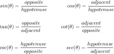 sin(\theta)=\cfrac{opposite}{hypotenuse}&#10;\qquad \qquad &#10;% cosine&#10;cos(\theta)=\cfrac{adjacent}{hypotenuse}&#10;&#10;\\ \quad \\\\&#10;% tangent&#10;tan(\theta)=\cfrac{opposite}{adjacent}&#10;\qquad \qquad &#10;% cotangent&#10;cot(\theta)=\cfrac{adjacent}{opposite}&#10;\\ \quad \\&#10;&#10;% cosecant&#10;csc(\theta)=\cfrac{hypotenuse}{opposite}&#10;\qquad \qquad &#10;% secant&#10;sec(\theta)=\cfrac{hypotenuse}{adjacent}
