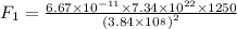 F_{1}=\frac{6.67\times 10^{-11}\times 7.34\times 10^{22}\times 1250}{\left (3.84\times 10^_{8}  \right )^{2}}