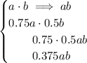\bf \begin{cases}&#10;a\cdot b\implies  ab\\&#10;0.75a\cdot 0.5b\\&#10;\qquad 0.75\cdot 0.5ab\\&#10;\qquad 0.375ab&#10;\end{cases}