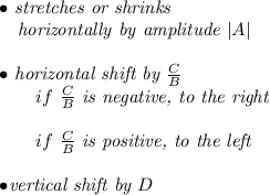 \bf \begin{array}{llll}&#10;% right side info&#10;\bullet \textit{ stretches or shrinks}\\&#10;\quad \textit{horizontally by amplitude } |{{  A}}|\\\\&#10;\bullet \textit{ horizontal shift by }\frac{{{  C}}}{{{  B}}}\\&#10;\qquad  if\ \frac{{{  C}}}{{{  B}}}\textit{ is negative, to the right}\\\\&#10;\qquad  if\ \frac{{{  C}}}{{{  B}}}\textit{ is positive, to the left}\\\\&#10;\bullet \textit{vertical shift by }{{  D}}\\&#10;\end{array}