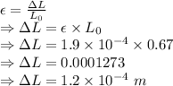 \epsilon=\frac{\Delta L}{L_0}\\\Rightarrow \Delta L=\epsilon\times L_0\\\Rightarrow \Delta L=1.9\times 10^{-4}\times 0.67\\\Rightarrow \Delta L=0.0001273\\\Rightarrow \Delta L=1.2\times 10^{-4}\ m