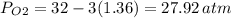 P_{O}_{2}=32-3(1.36)= 27.92\,atm
