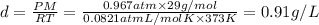 d=\frac{PM}{RT}=\frac{0.967 atm\times 29 g/mol}{0.0821 atm L/mol K\times 373 K}=0.91 g/L