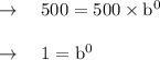 \begin{array}{l}{\rightarrow \quad 500=500 \times \mathrm{b}^{0}} \\\\ {\rightarrow \quad 1=\mathrm{b}^{0}}\end{array}