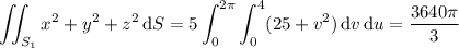 \displaystyle\iint_{S_1}x^2+y^2+z^2\,\mathrm dS=5\int_0^{2\pi}\int_0^4(25+v^2)\,\mathrm dv\,\mathrm du=\frac{3640\pi}3