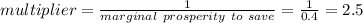 multiplier=\frac{1}{marginal\ prosperity\ to\ save}=\frac{1}{0.4}=2.5