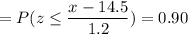 =P( z \leq \displaystyle\frac{x - 14.5}{1.2})=0.90