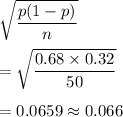 \sqrt{\dfrac{p(1-p)}{n}}\\\\=\sqrt{\dfrac{0.68\times 0.32}{50}}\\\\=0.0659\approx 0.066
