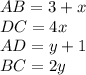 AB = 3 + x\\DC = 4x\\AD = y + 1\\BC = 2y