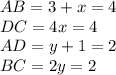 AB = 3 + x =4\\DC = 4x =4\\AD = y + 1=2\\BC = 2y=2