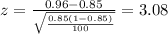 z=\frac{0.96 -0.85}{\sqrt{\frac{0.85(1-0.85)}{100}}}=3.08
