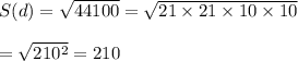 S(d)=\sqrt{44100}=\sqrt{21\times21\times10\times10}\\\\=\sqrt{210^2}=210