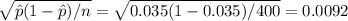 \sqrt{\hat{p}(1-\hat{p})/n}=\sqrt{0.035(1-0.035)/400}=0.0092
