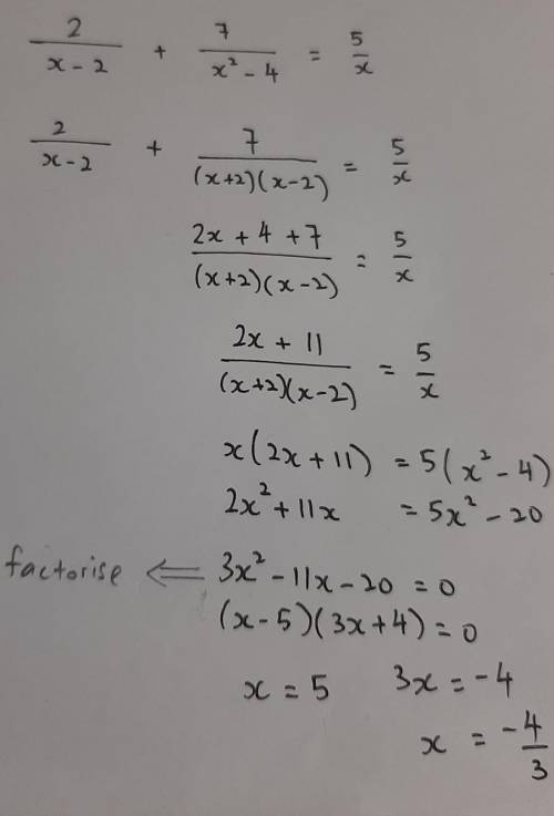 (05.08) solve for x:  2 over quantity x minus 2 plus 7 over quantity x squared minus 4 equals 5 over