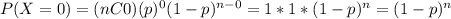 P(X=0) = (nC0)(p)^0 (1-p)^{n-0}=1*1* (1-p)^n =(1-p)^n