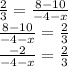 \frac {2} {3} = \frac {8-10} {- 4-x}\\\frac {8-10} {- 4-x} = \frac {2} {3}\\\frac {-2} {- 4-x} = \frac {2} {3}
