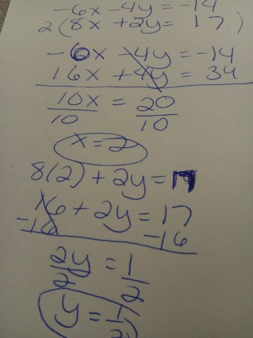 Solve the system of linear equations below. show all your steps. -6x-4y=-14 8x+ 2y=17