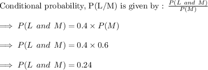 \text{Conditional probability, P(L/M) is given by : }\frac{P(L\:\:and\:\:M)}{P(M)}\\\\\implies P(L\:\:and\:\:M)=0.4\times P(M)\\\\\implies P(L\:\:and\:\:M) = 0.4\times 0.6\\\\\implies P(L\:\:and\:\:M) =0.24