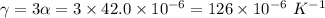 \gamma=3\alpha=3\times 42.0\times 10^{-6}=126\times 10^{-6}\ K^{-1}