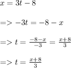 \begin{array}{l}{x=3 t-8} \\\\ {=-3 t=-8-x} \\\\ {=t=\frac{-8-x}{-3}=\frac{x+8}{3}} \\\\ {=t=\frac{x+8}{3}}\end{array}