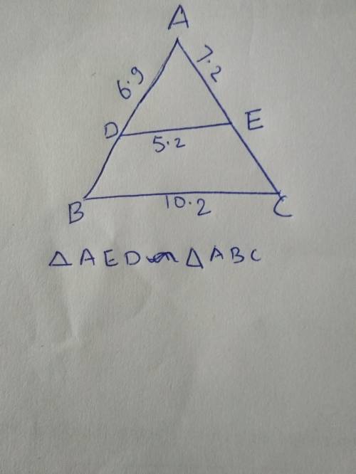 In the given triangle, ∠aed ∼ ∠ abc, ad = 6.9, ae = 7.2, de = 5.2, and bc = 10.2. find the measure o