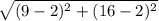 \sqrt{ ( 9-2 )^{2} +(16-2)^{2} }