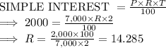 \textrm{SIMPLE INTEREST } = \frac{P \times  R \times T}{100}\\\implies 2000 = \frac{7,000 \times  R \times 2}{100}\\\implies R = \frac{2,000 \times 100}{7,000 \times 2}  = 14.285