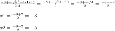 \frac{-8+-\sqrt{8^{2} -4*1*15}}{2*1}=\frac{-8+-\sqrt{64-60}}{2}=\frac{-8+-\sqrt{4}}{2}=\frac{-8+-2}{2} \\\\x1=\frac{-8+2}{2}=-3\\\\x2=\frac{-8-2}{2}=-5