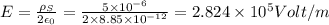 E=\frac{\rho _S}{2\epsilon _0}=\frac{5\times 10^{-6}}{2\times 8.85\times 10^{-12}}=2.824\times 10^5Volt/m