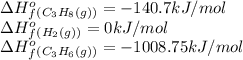 \Delta H^o_f_{(C_3H_8(g))}=-140.7kJ/mol\\\Delta H^o_f_{(H_2(g))}=0kJ/mol\\\Delta H^o_f_{(C_3H_6(g))}=-1008.75kJ/mol