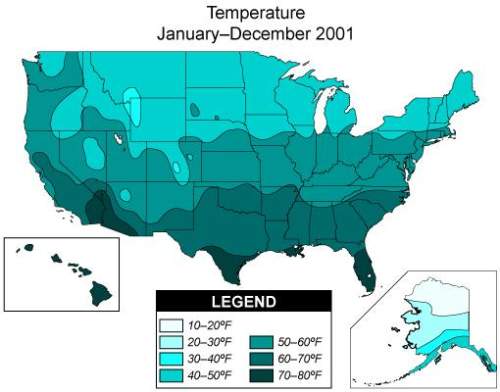According to the map, what region of the united states has the highest average temperatures? the no