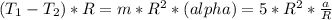 (T_{1} - T_{2})*R=m*R^{2}*(alpha)=5*R^{2}*\frac{a}{R}